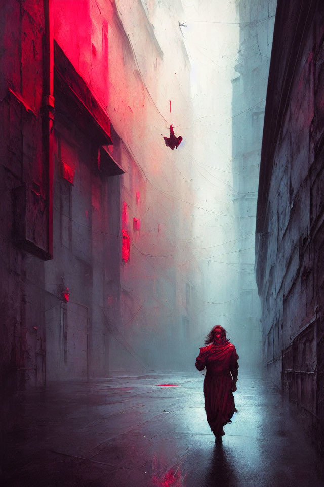 Person in red cloak walks through moody, neon-lit alley with towering buildings and ominous silhouette.