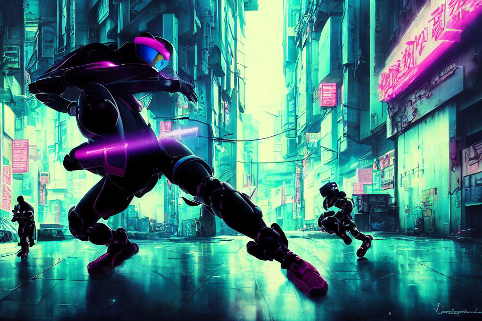 Futuristic cyberpunk scene with glowing figure in trench coat sprinting in neon-lit alleyway