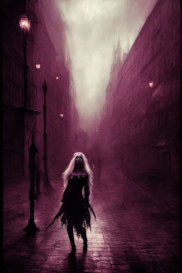 Mysterious Figure with Long White Hair in Gothic Street