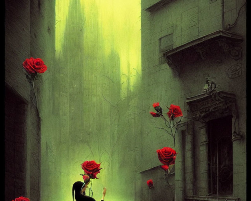 Mysterious figure in black cloak in misty alley with red roses and yellow light