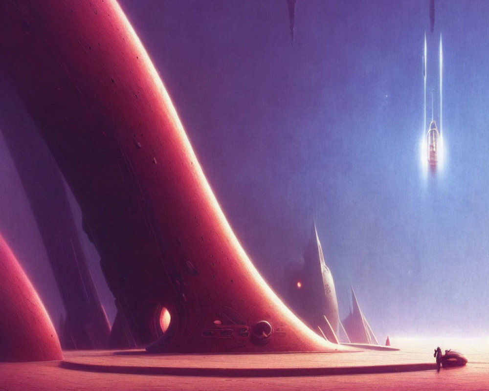 Alien structures, figure with vehicle, and spaceships in futuristic scene