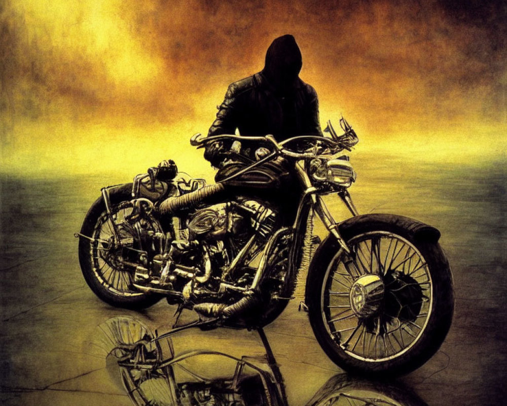 Shadowy Figure on Classic Motorcycle Reflecting on Polished Surface