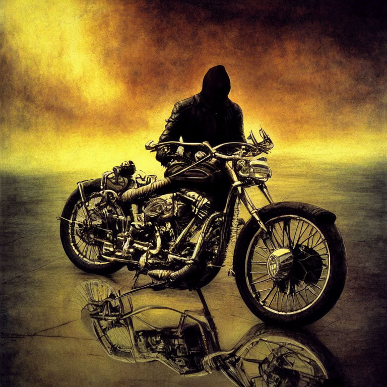 Shadowy Figure on Classic Motorcycle Reflecting on Polished Surface