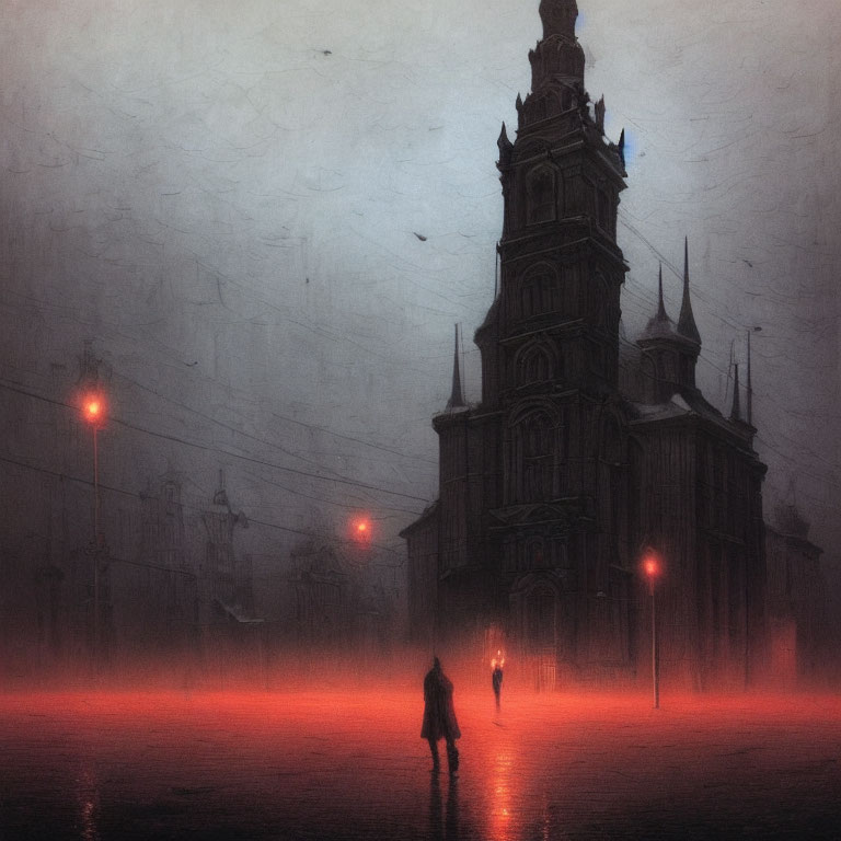 Misty figure in red light near gothic tower under gloomy sky