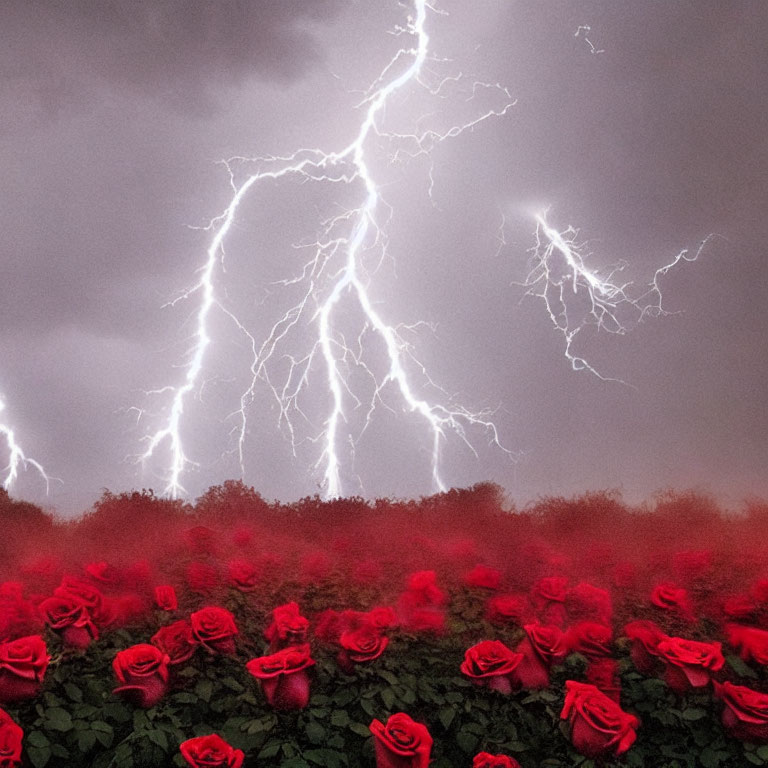 Dramatic scene: red roses under stormy sky with lightning