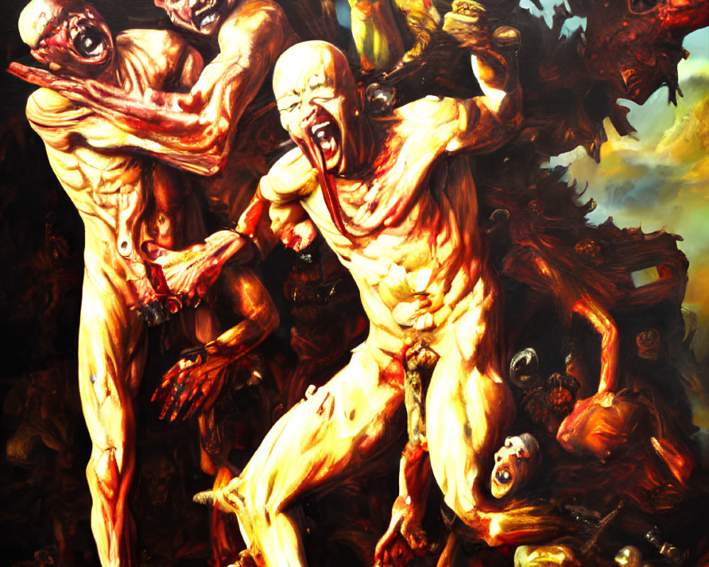 Grotesque Muscular Figures in Agony Against Dark Hellish Backdrop