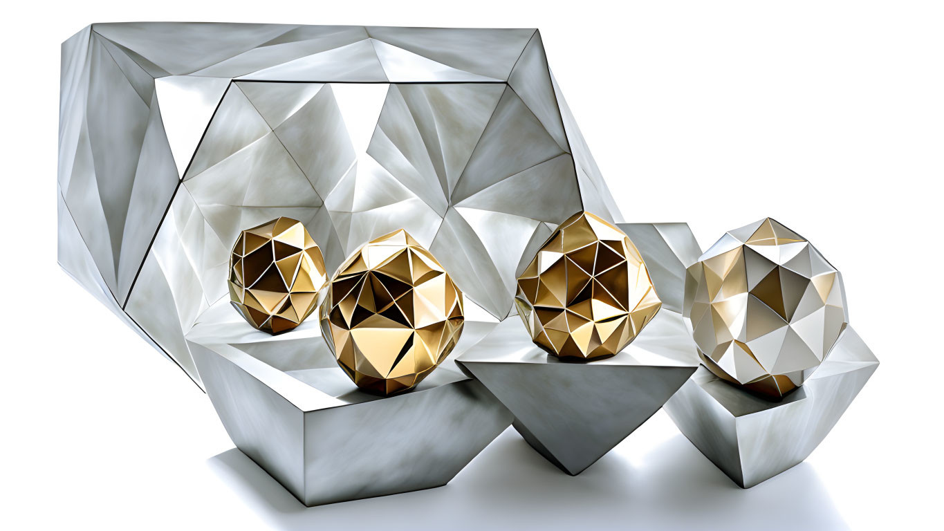 Geometric Crystal Structures and Golden Spheres on White Background