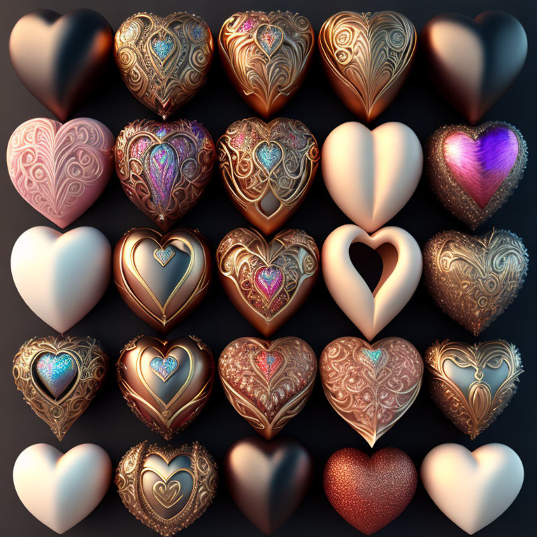 Ornate Heart-Shaped Objects with Metallic Finishes