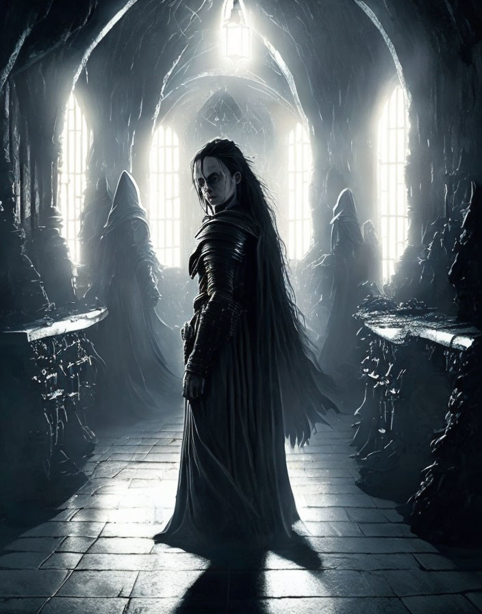 Elaborate Dark Armor Woman in Gothic Cathedral with Light Streaming