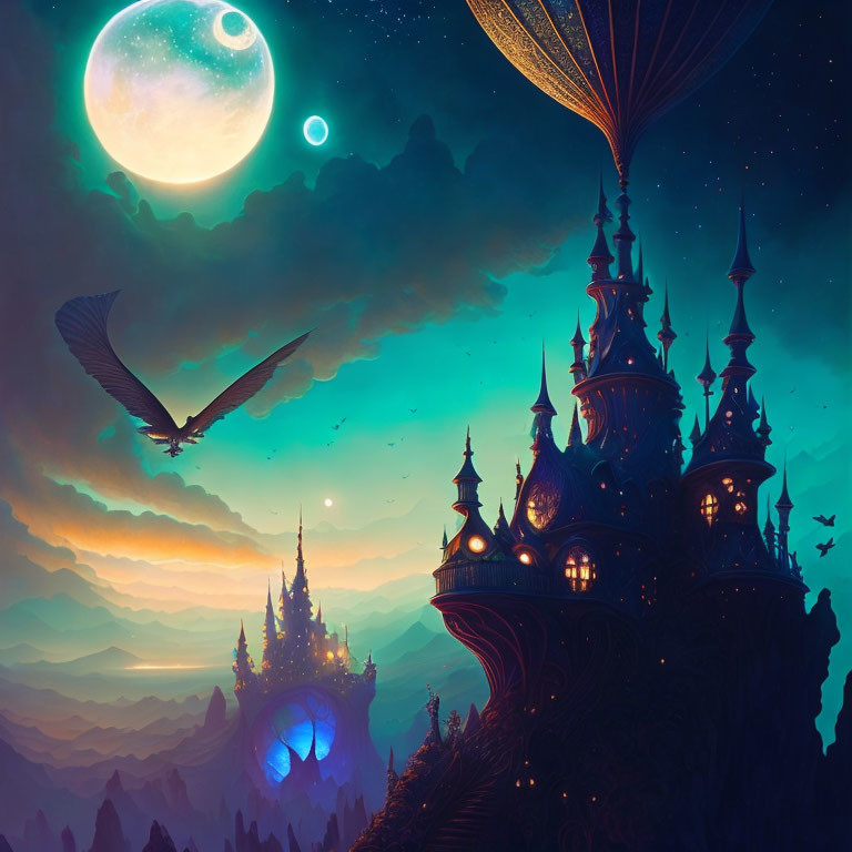 Fantastical dusk landscape with towering castles, moon, celestial body, and bird