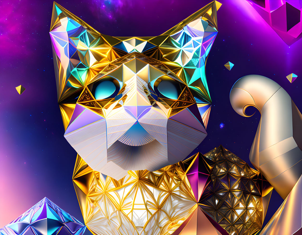 Colorful Geometric Cat Artwork with Cosmic Background