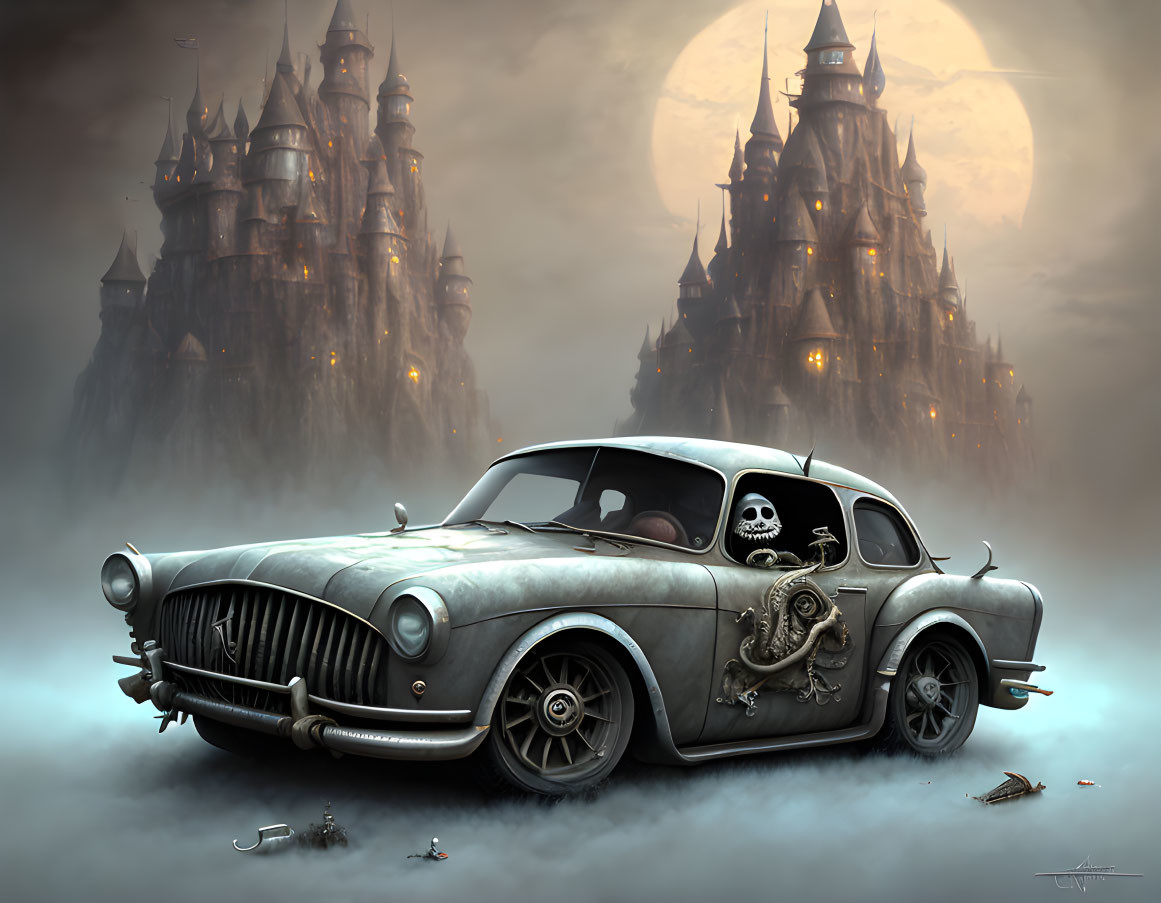 Vintage car with skull and gothic design at spooky castle under full moon