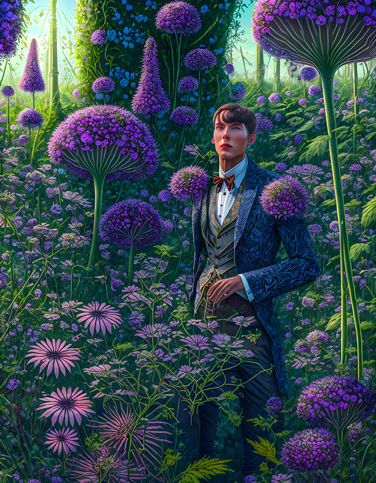 Illustration: Person in ornate suit among oversized purple flowers