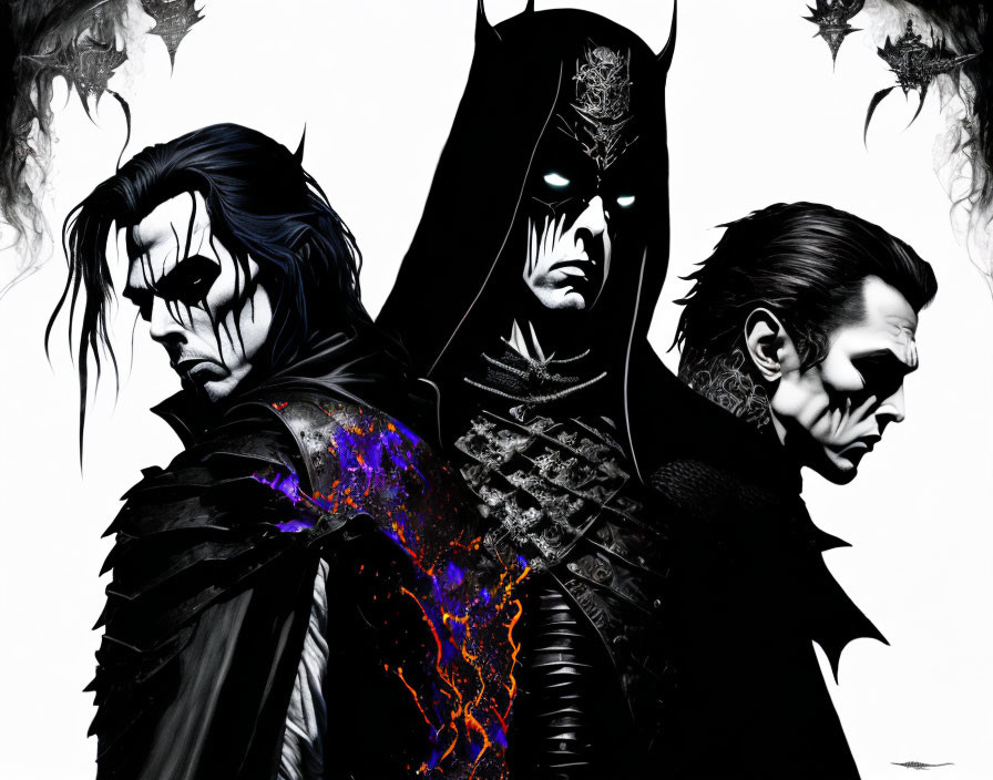 Three dark and intense gothic comic book characters on black background