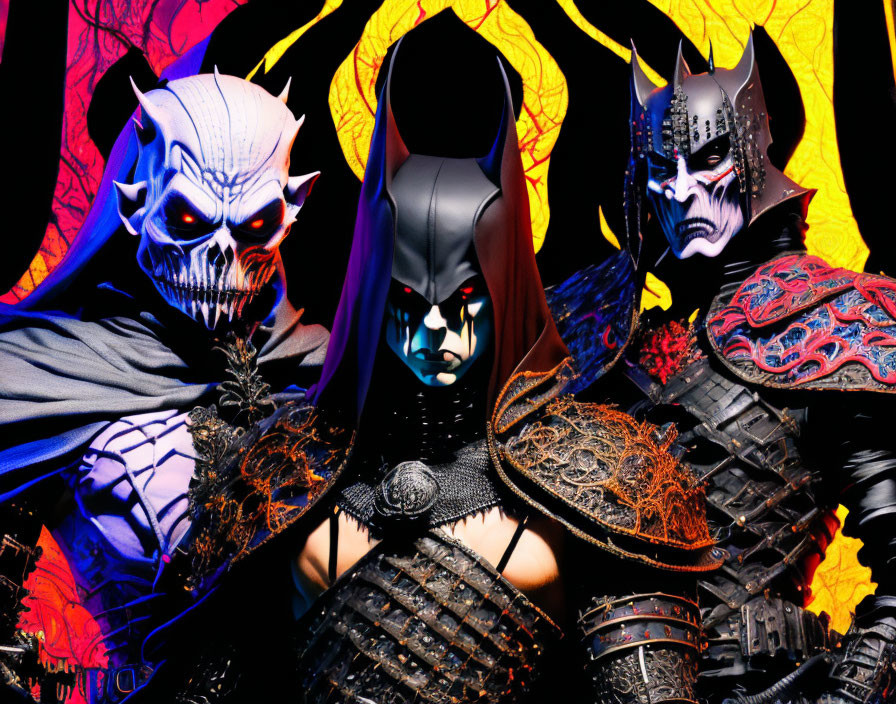 Three individuals in elaborate fantasy costumes with fierce masks and armor, set against a fiery backdrop.