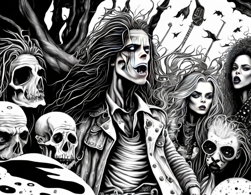 Monochrome gothic characters with skulls, wild hair, and bats in twisted tree setting