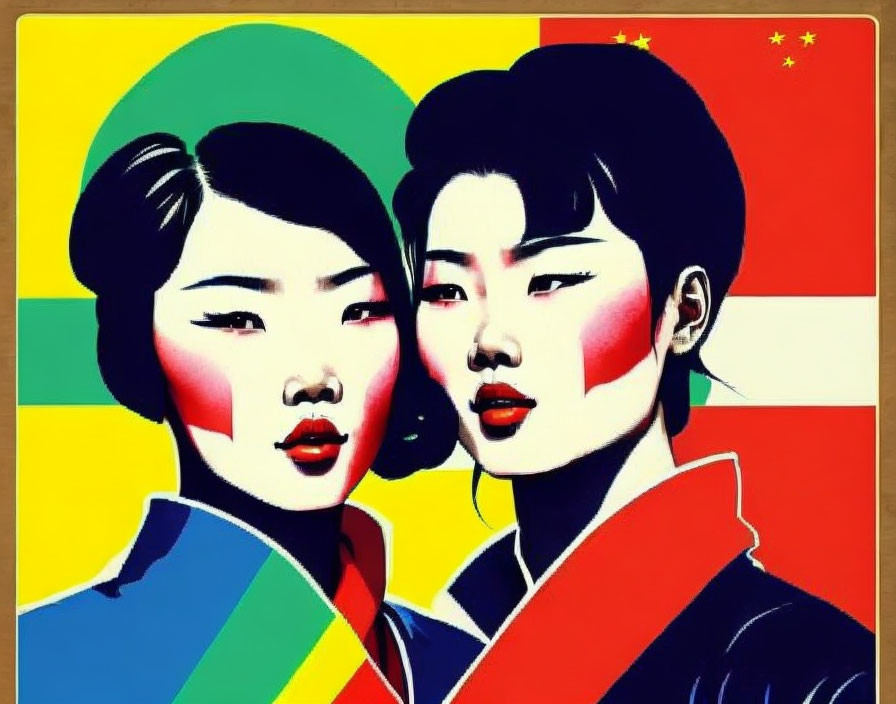 Vibrant graphic featuring stylized Asian women with bold makeup and South Korea and China flags.