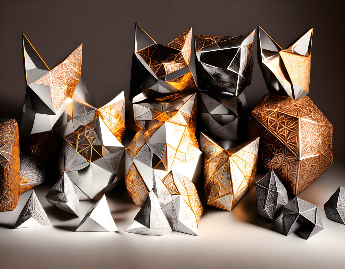 Metallic Abstract Geometric Shapes in Gold, Black, and Silver on Neutral Background