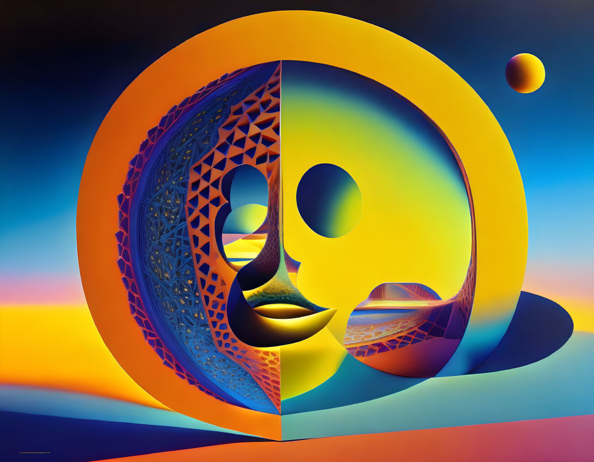 Colorful Abstract Art: Surreal Landscape with Geometric Shapes and Yin-Yang Symbol