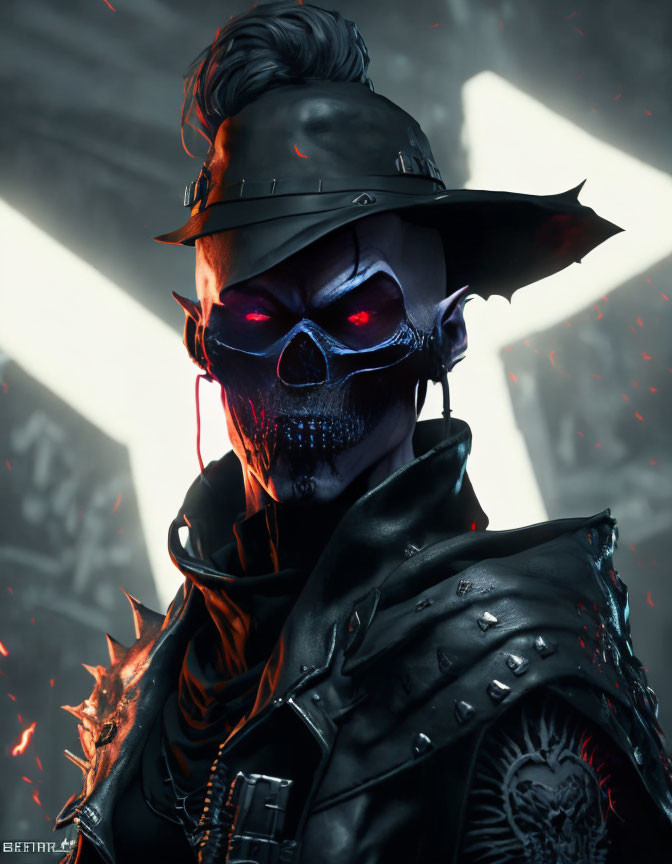 Sinister figure in skull mask with red eyes and spiked hat under dim light