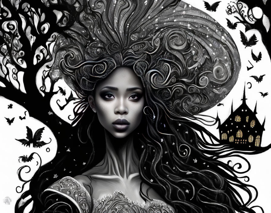 Monochromatic illustration of woman with elaborate headdress, surrounded by butterflies and house silhouette