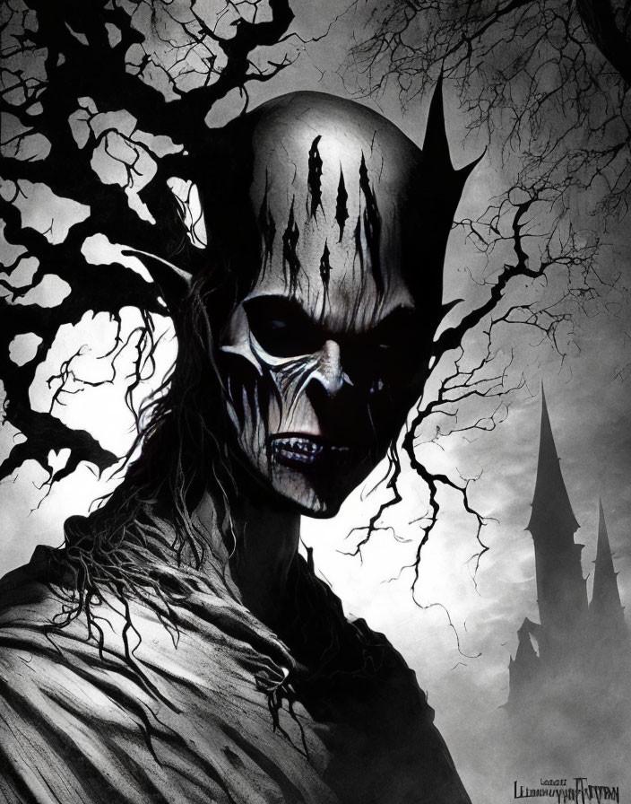 Gothic art: Skull-faced figure in spiked crown, eerie castle & moonlit trees