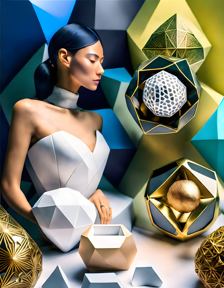 Modern abstract art featuring woman with sleek hair and geometric shapes in blue, gold, and white palette