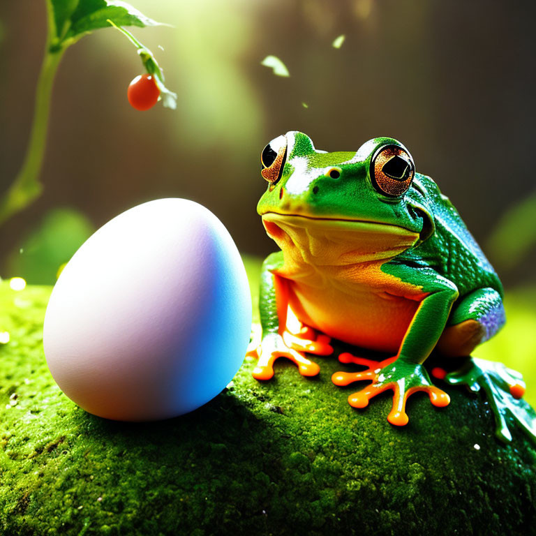 Colorful frog with egg on mossy surface under soft glow and berry