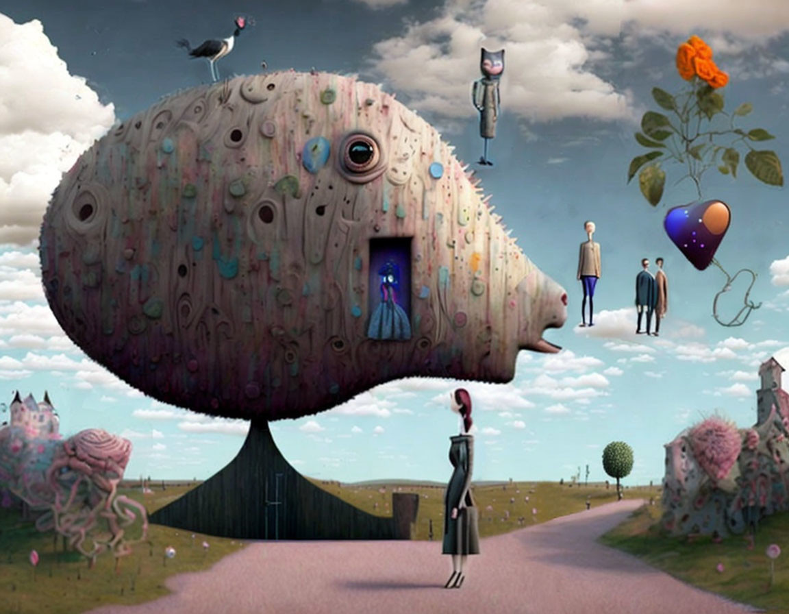 Surreal Artwork: Fish-shaped structure with whimsical characters in surreal landscape