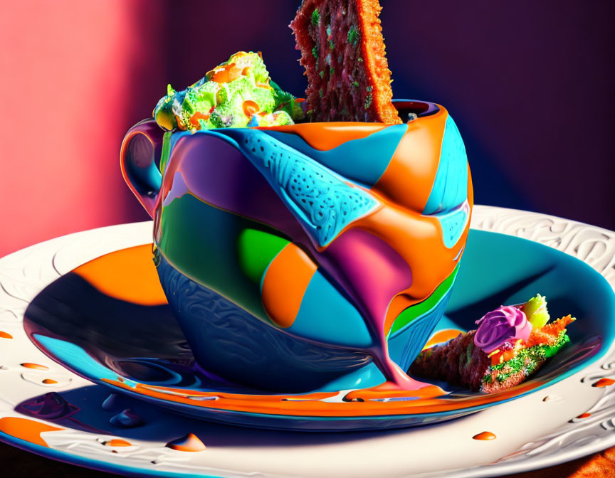 Colorful surreal image: Melted teacup with dripping paint and vibrant dessert plate