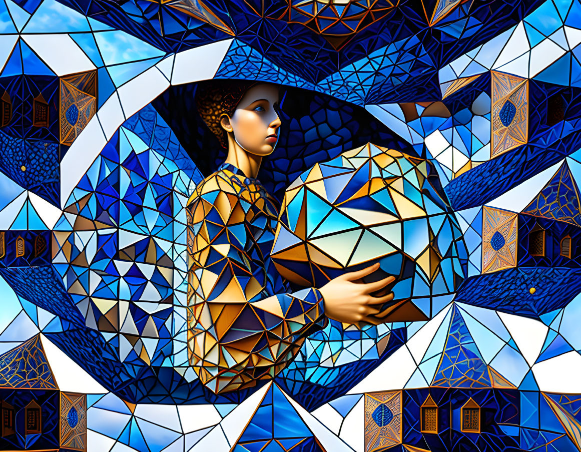 Surreal digital artwork featuring woman with geometric patterns holding dodecahedron