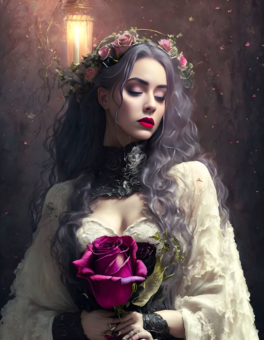 Victorian woman with flower crown holding rose in misty background