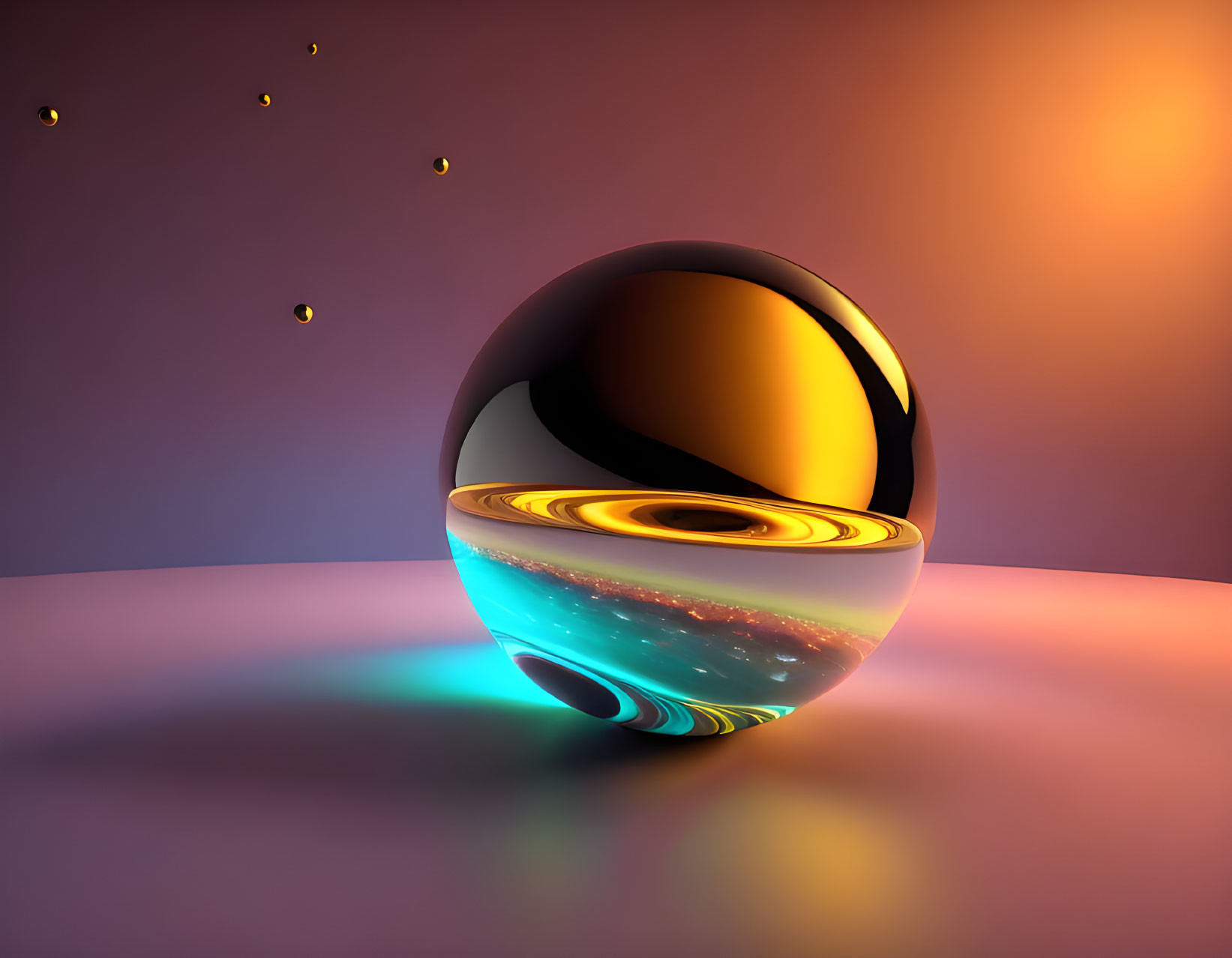 Surreal 3D-rendered glossy sphere with black and gold design on cosmic landscape backdrop