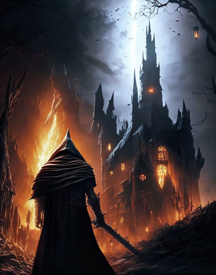 Hooded Figure near Menacing Gothic Castle in Fiery Landscape