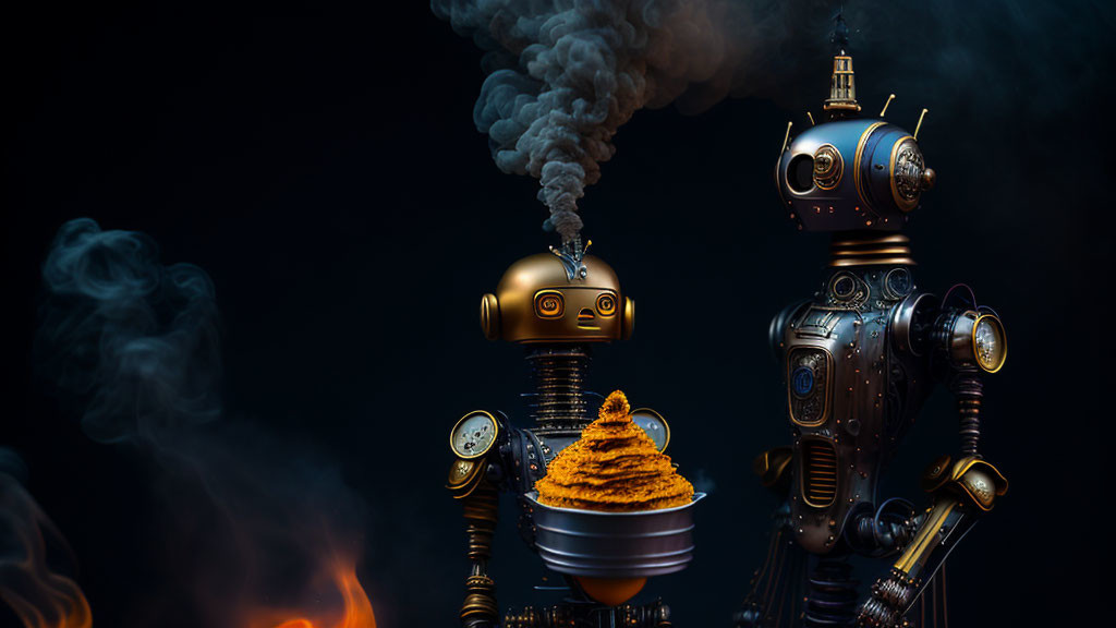 Stylized robots with smoke and spice on dark background