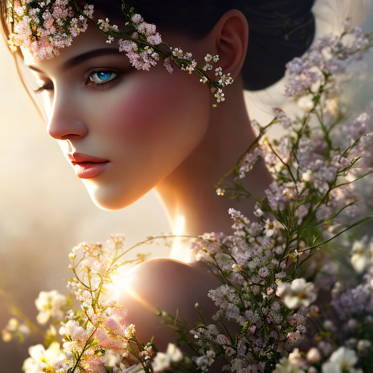 Blue-eyed woman in floral headpiece surrounded by delicate flowers in soft sunlight