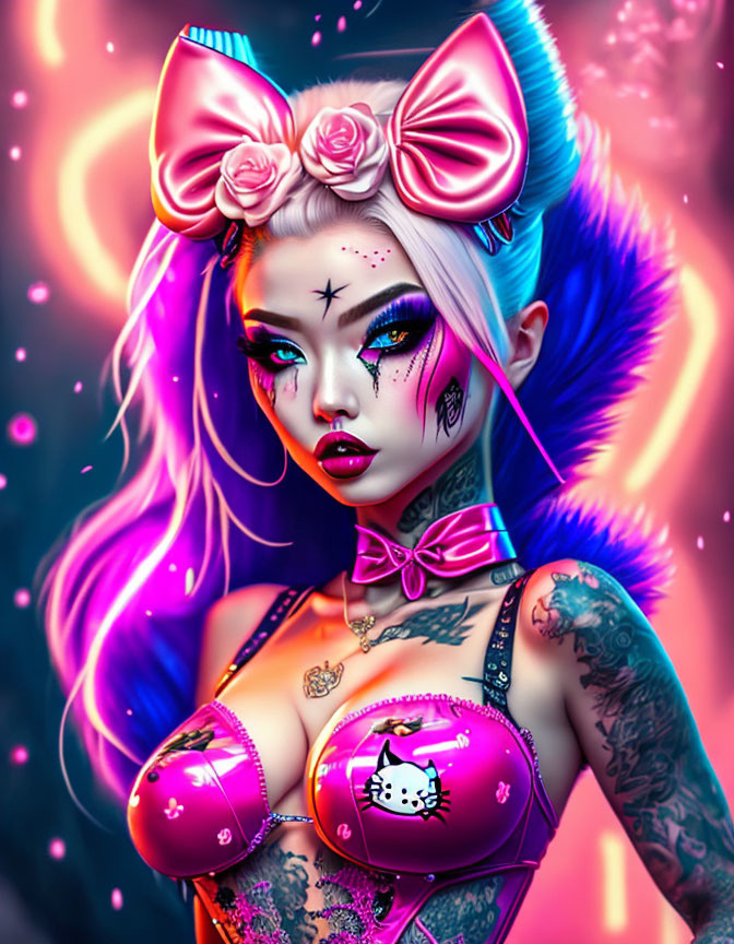 Illustrated female character with pink bow, purple hair, star tattoo, and neon background