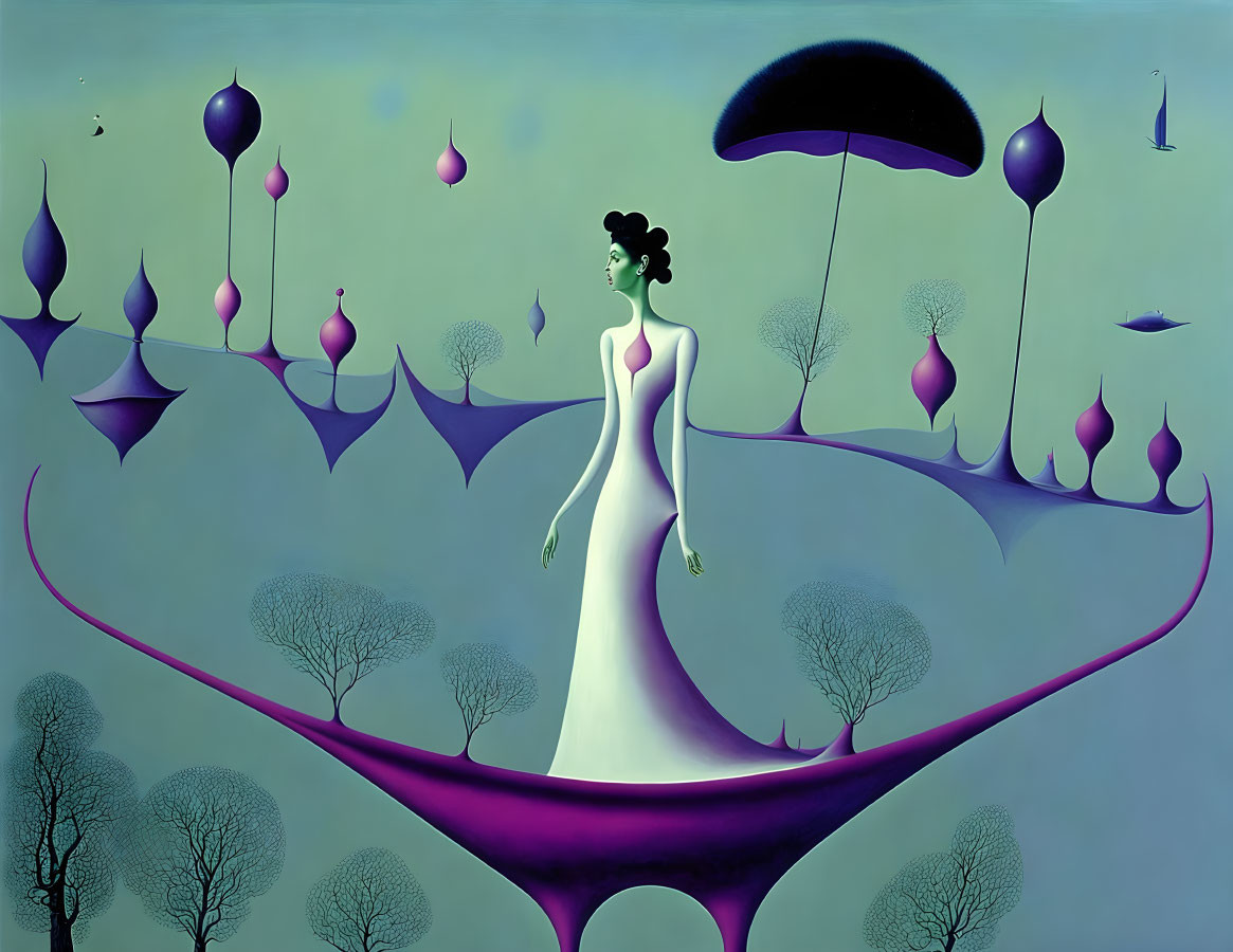 Surreal painting of woman merging with purple landscape