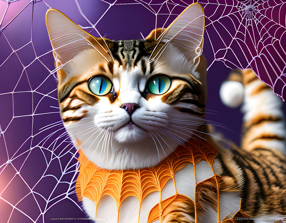 Vivid Blue-Eyed Cat Artwork with Intricate Stripes on Purple Background