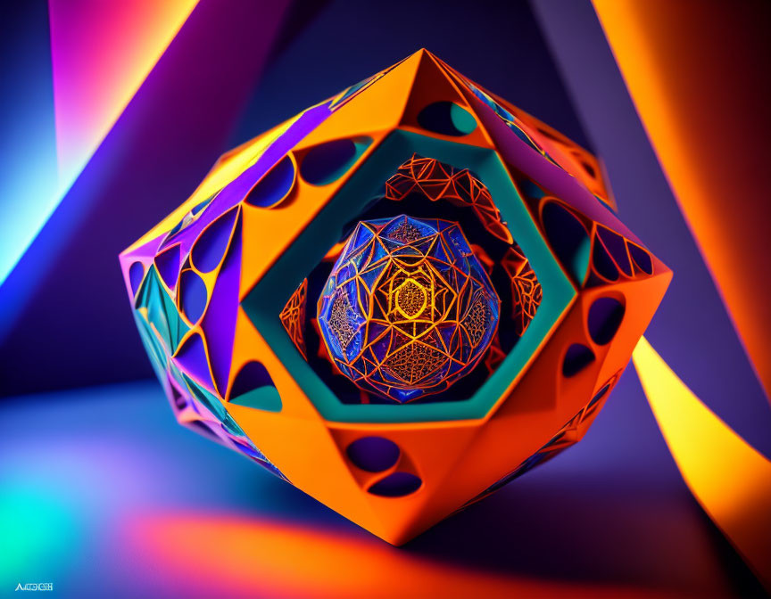 Colorful 3D geometric structure on neon gradient background