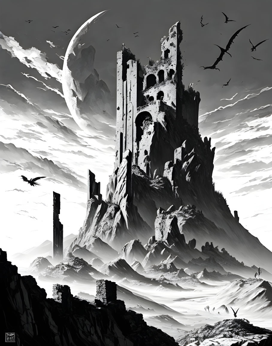 Monochrome fantasy landscape with dilapidated castle, birds, and crescent moon