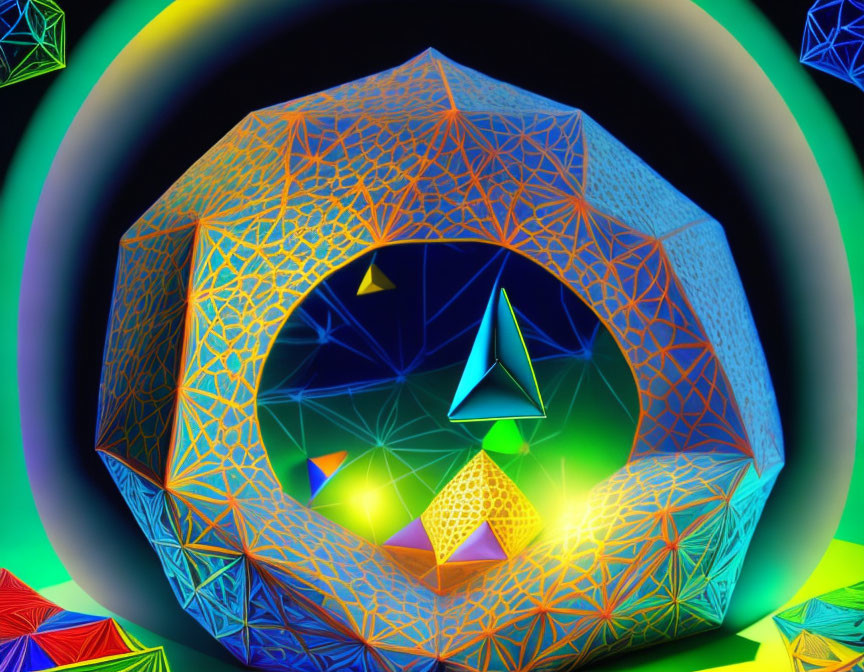 Vibrant digital artwork with dodecahedron and neon-lit polyhedra