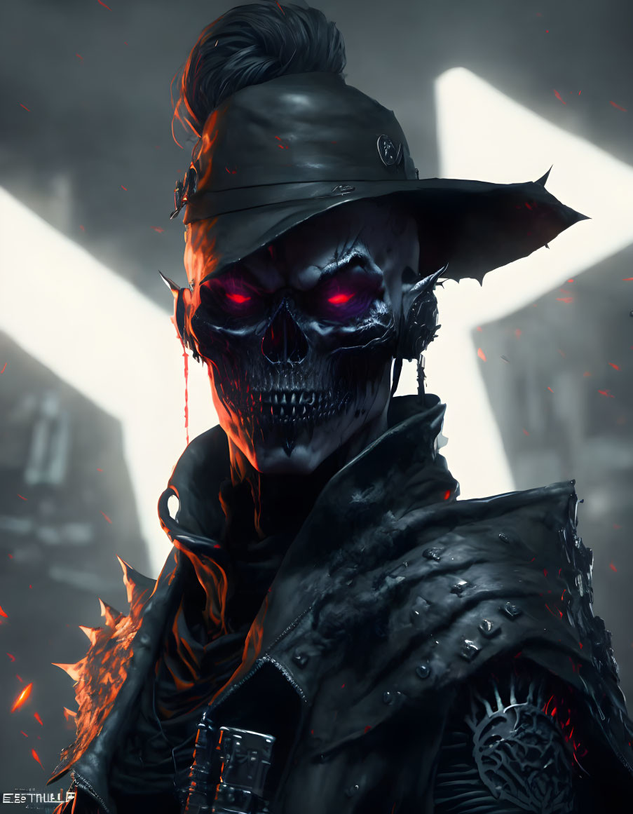 Menacing skull with red glowing eyes in spiked military helmet on dark background