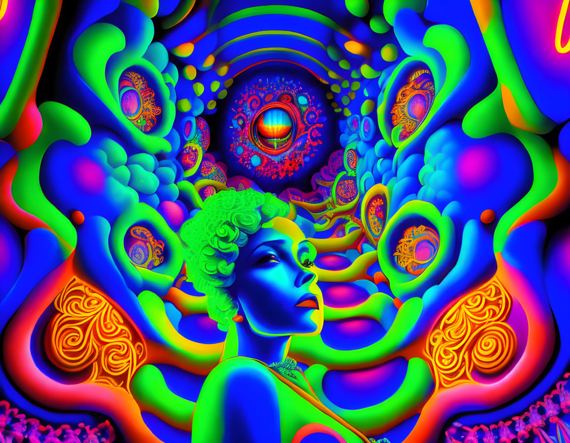 Colorful Psychedelic Artwork: Blue-Skinned Woman in Neon Patterns