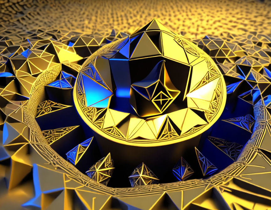 Nested geometric shapes in 3D fractal with golden and blue lighting on textured backdrop