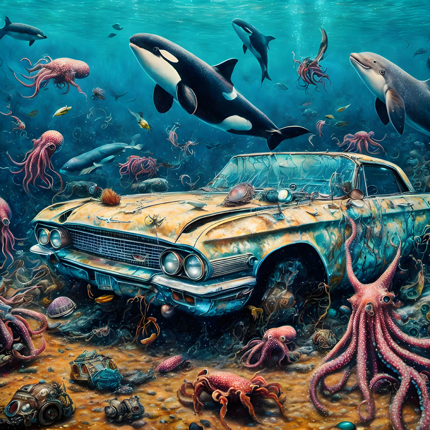 Rusting car on ocean floor with diverse marine life