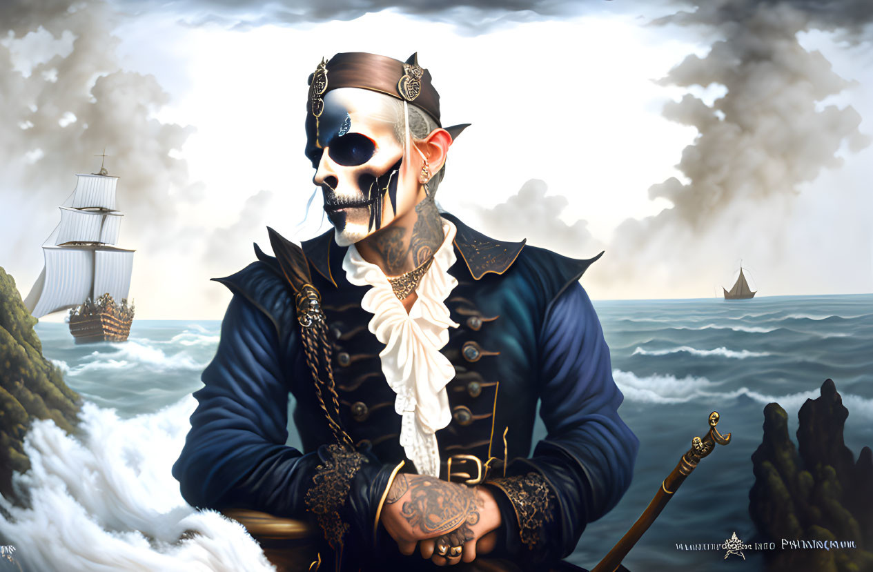 Skull-faced pirate captain in ornate naval uniform on dramatic seascape