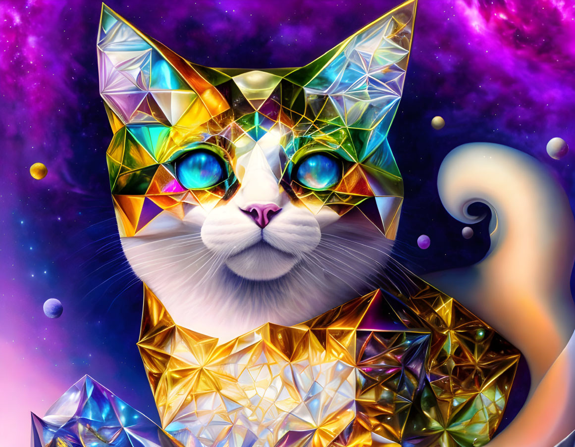 Colorful Cat Art with Jewel-Like Texture on Cosmic Purple Background