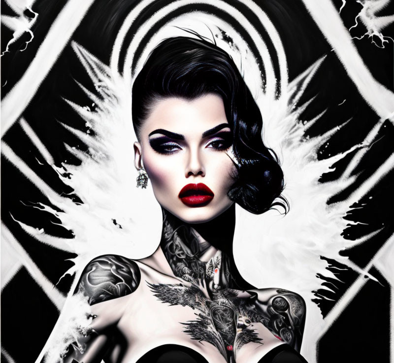 Bold Makeup and Tattoos Woman Portrait with Feathered Backdrop