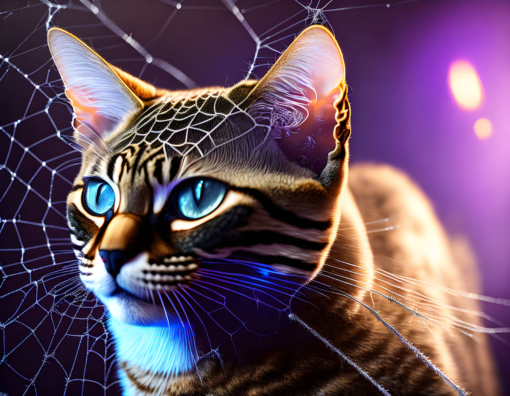 Intricate spider web patterns on cat's face in digital art